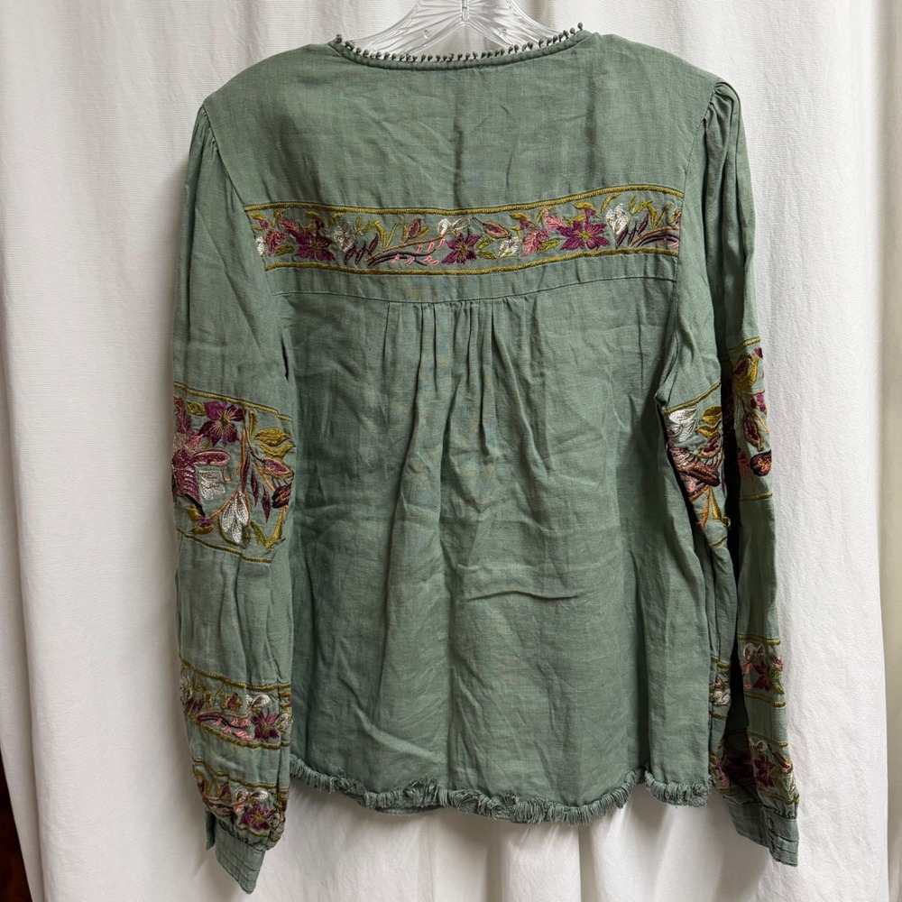 Sundance Womens Sage Green Embroidered Bird Floral Linen Peasant Blouse Small - Picture 9 of 11